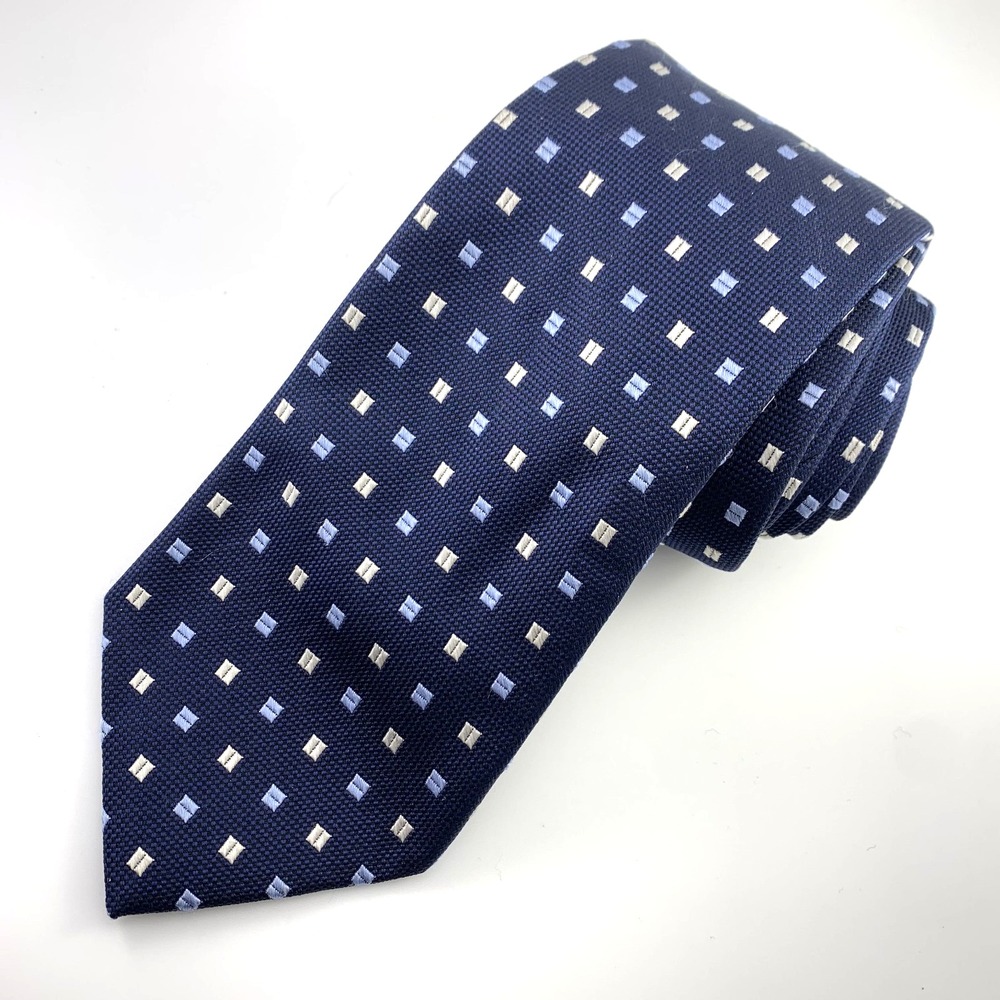 Jos. A. Bank Mens Tie Lt Blue White on Navy Foulard Geometric‎ 100% Silk Repp